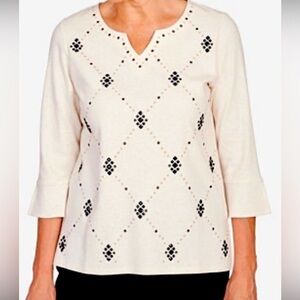 New‎ ALFRED Dunner Petite Diamond Patterned Split Neck Top